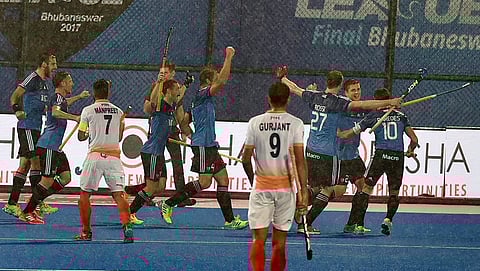 Argentina players celebrate after scoring a goal against India during the first semi-final match of Hockey World League Final at Kalinga Stadium in Bhubaneswar on Friday evening. (Photo | PTI)