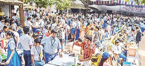A large number of students visited the 57th Gora Science Exhibition at Benz Circle in Vijayawada on Thursday| r v k rao