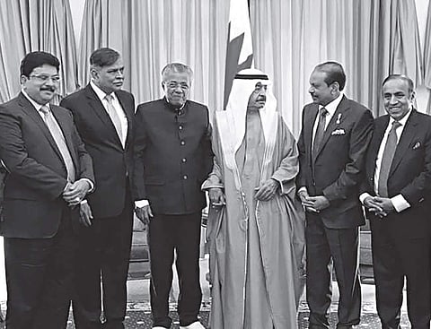Chief Minister Pinarayi Vijayan with Bahrain Prime Minister Prince Khalifa bin Salman Al Khalifa during his visit to the West  Asian country on Thursday; Kerala industrialists M A Yusuff Ali and  Ravi Pillai also seen