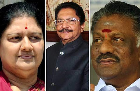 AIADMK general secretary VK Sasikala, Governor Ch Vidyasagar Rao and Tamil Nadu Chief Minister O Panneerselvam. (Photo | EPS)