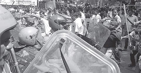 Police and BJP activists clash in front of Law Academy during their hartal day protest in Thiruvananthapuram last week  | Express File Photo