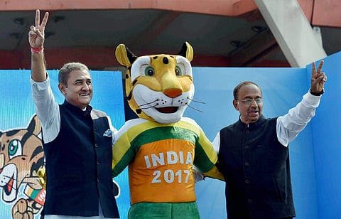 Union Sports Minister Vijay Goyal with All India Football Federation AIFF President Praful Patel during the launch of logo for U-17 FIFA world cup 2017 in New Delhi on Friday. | PTI