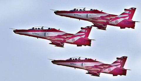 The Surya Kiran aerobatics team of IAF practising in the British Hawk trainers at Yelahanka air base on Saturday | jithendra m