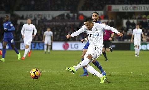 Swansea City's Martin Olsson scores his side's second goal of the game during the English Premier League match Swansea against Leicester at the Liberty Stadium, Swansea, Wales, Sunday Feb. 12, 2017.(Photo | AP)
