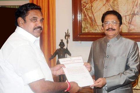 Edappadi K Palanisami giving letter of his election as AIADMK legislative party party leader to Governor Ch. Vidyasagar Rao & staking claim to form Governement. | Express Photo Service