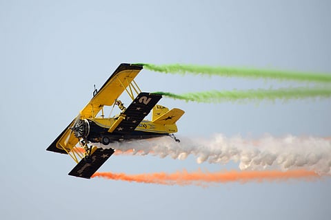 Skycat Wingwalkers from the Scandinavian Airshow team performing at Aero India 2017 in Bengaluru on Thursday. (Pushkar V | EPS)