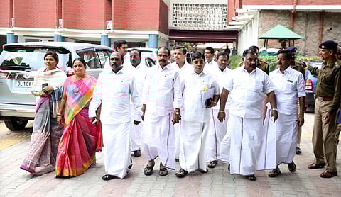 Dr. V maitreyam with AIADMK MP's coming out of Election Commission after a meeting with Chief Election Commissioner in New Delhi on thursday.(Shekhar Yadav | EPS)