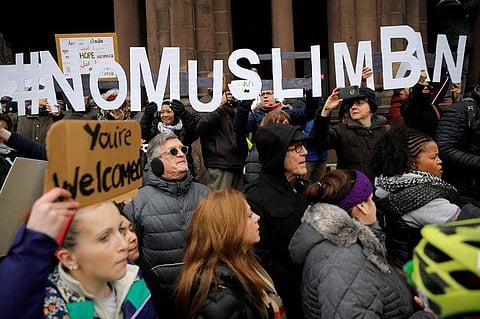 Demonstrators spell out '# No Muslim Ban' during the 'Boston Protest Against Muslim Ban and Anti-Immigration Orders'. (File photo | Reuters)