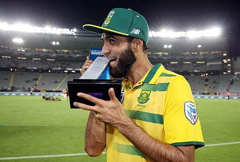 Imran Tahir of South Africa celebrates the team's victory after the Twenty20 international cricket match between New Zealand and South Africa at Eden Park in Auckland on February 17, 2017.  | AFP