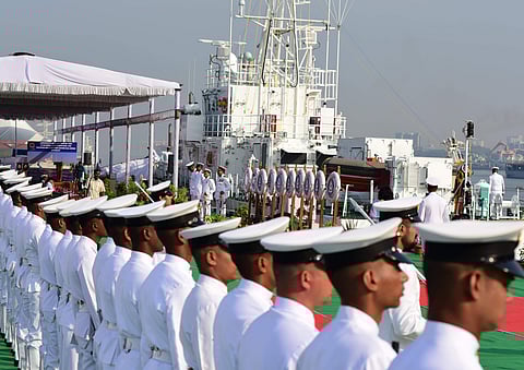 Fast Patrol Vessel ICGS AYUSH, the ship built by Cochin Shipyard (CSL) for anti-smuggling and search and rescue operations, was commissioned by Vice-Admiral A R Karve at the Naval base in Kochi on Saturday. (EPS | Albin Mathew)