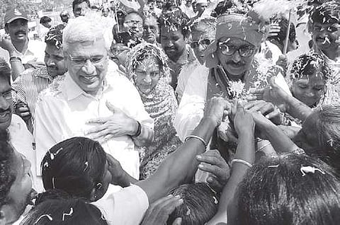 CPM leaders Prakash Karat and Tammineni Veerabhadram participating in Mahajana Padayatra in Khammam on Saturday | Express photo