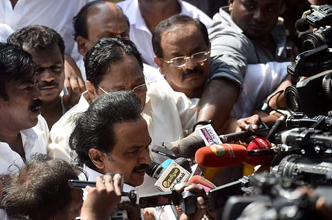 Opposition party leader in Tamil Nadu Assembly M K Stalin addressing to media after the vote of confidence motion moved by chief minister Idappadi K Palanisamy went about under tumultous circumstances in the House at State Secretariat in Chennai on Saturd