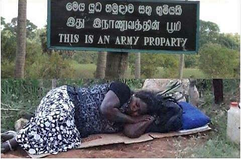 A Tamil woman agitator in a sit-in for the recovery of lands taken by the military. (Photo Credit: Sri Lanka Brief)