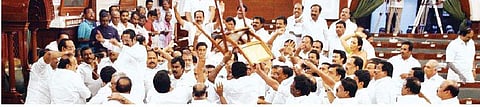 It was an embarrassing moment for Tamil Nadu politics when unruly DMK MLAs stormed the well of the Assembly. Some of them clambered on to the Speaker’s dais and stalled proceedings during the special session on Saturday | Express