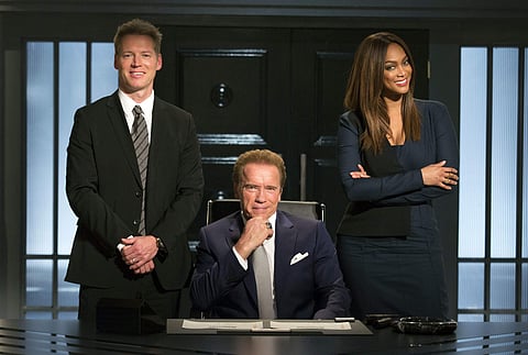 This image released by NBC shows, from left, Patrick Knapp Schwarzenegger, Arnold Schwarzenegger and Tyra Banks from 'The New Celebrity Apprentice,' in Los Angeles. | AP