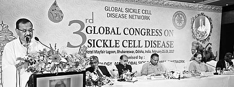 Health Minister Pradip Amat addressing the gathering on Wednesday | Express