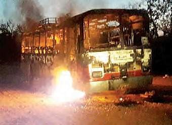 The bus that was set on fire by Maoists   at Metlacheruvu| Express photo