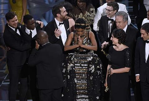 Janelle Monae, center, reacts as 'Moonlight' is announced as the winner of best picture at the Oscars on Sunday, Feb. 26, 2017, at the Dolby Theatre in Los Angeles. (Photo | AP)