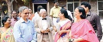 Alumni of the Department of Anatomy of Andhra Medical College share a lighter moment during the inauguration of revamped premises in Visakhapatnam on Monday | Express