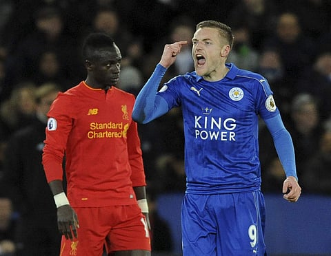 Leicester's Jamie Vardy gestures after scoring during the English Premier League soccer match between Leicester City and Liverpool at the King Power Stadium in Leicester. (Photo | AP)