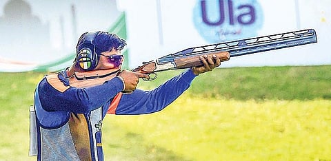 Silver medalist Ankur Mittal competes in the men’s double trap final event of the ISSF World Cup in New Delhi on Monday | PTI