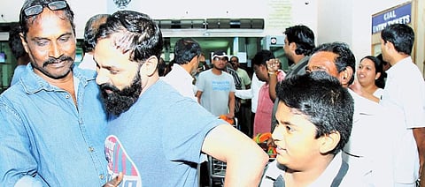 The five Keralites who were released from Togo jail being received by family members at the Kochi airport on Friday