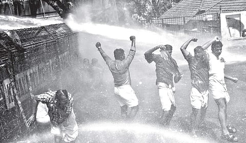 Police using water cannon against the Youth Congress workers protesting in front of the Cliff House in Thiruvananthapuram against the alleged support of the chief minister to the Law Academy management, on Friday | Manu R Mavelil