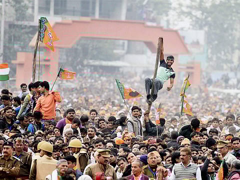 People at an election campaign rally of Prime Minister Narendra Modi in Aligarh, Uttar Pradesh, on Sunday | PTI