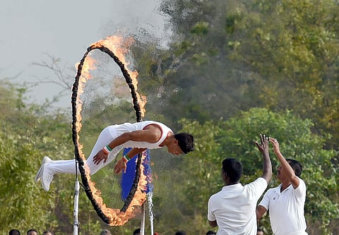 A day before their induction as officers of the Indian Army cadets of the Officers Training Academy displayed their skills during a spectacular Combined Display at the OTA grounds, in Chennai on Friday. (Martin Louis | EPS)