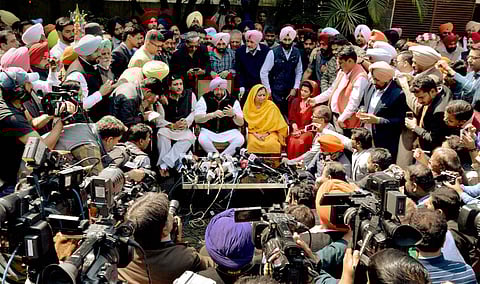 PPCC President Capt Amrinder Singh addresses the media on the party's thumping win in state Assembly elections in Chandigarh on Saturday. | PTI