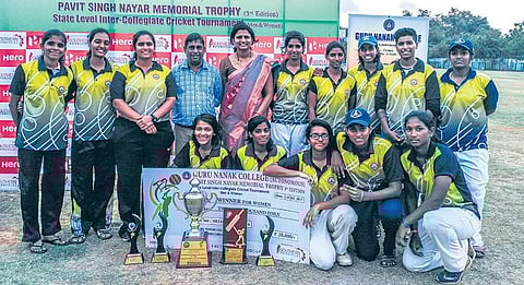 MOP Vaishnav College, winners of the women’s title at the 3rd Pavit Singh Nayar Memorial Trophy, T20 cricket tournament, organised by Guru Nanak College