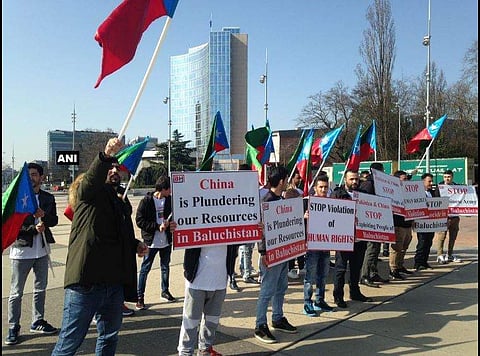 Baloch activists protest outside United Nations Office in Geneva against China,Pakistan & human rights violation in Balochistan. (Photo | ANI)