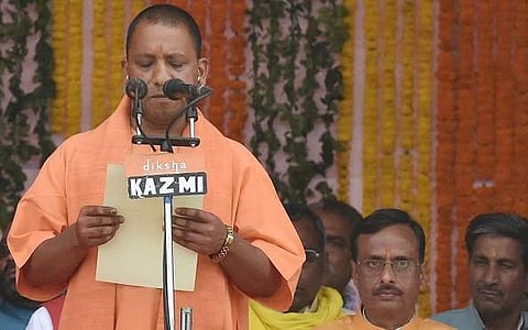 Uttar Pradesh's new CM Yogi Adityanath taking oath. (PTI)