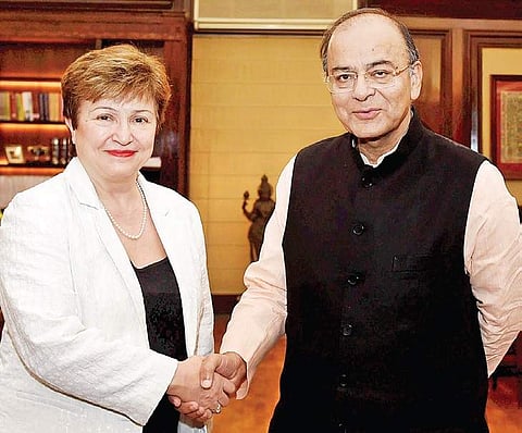 Union Finance Minister Arun Jaitley shakes hands with World Bank CEO Kristalina Georgieva at a meeting in New Delhi on Wednesday. | PTI