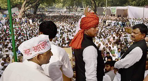 New Delhi All India Jat Aarakshan Sangarash Samiti AIJSS leader Yashpal Malik at a rally in Jantar Mantar New Delhi on Thursday. Jat community members have been protesting for quota in jobs and education. (PTI)