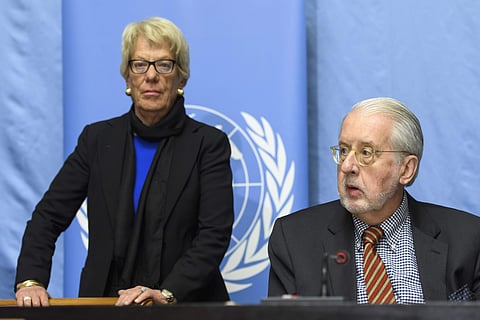 Paulo Pinheiro, right, Chairperson, Independent Commission of Inquiry on the Syrian Arab Republic and Carla del Ponte, left, Member of the Independent Commission of Inquiry on the Syrian Arab Republic, speak to the media during a press conference, at the 