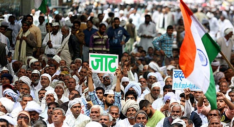 Jat community members during their agitation for reservation in Jantar Mantar in New Delhi on Thursday. The NH24, Delhi-Agra highway, NH-1, CP, ITO are currently having slow moving traffic.  (EPS | Shekhar Yadav)
