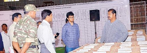 MLC election observer K Praveen Kumar inspecting the arrangements for counting of votes at Swarna Bharathi Indoor Stadium in Visakhapatnam on Sunday |  Express