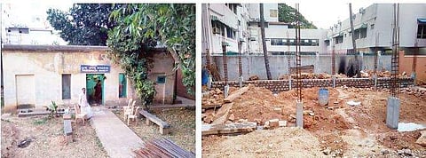 The 100-year-old Malleswaram Lodge (left) was pulled down after it started falling apart, with leaking walls and roof