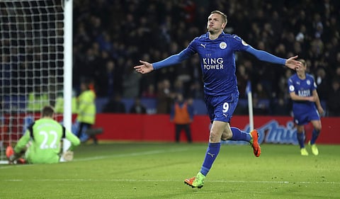 Leicester City's Jamie Vardy, left, celebrates scoring his side's third goal goal during the English Premier League soccer match between Leicester and Liverpool, at the King Power Stadium, in Leicester, England, Monday Feb. 27, 2017.  | AP