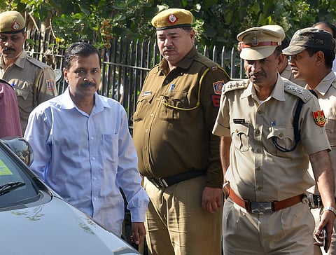 Delhi Chief Minister Arvind Kejriwal arrives at Tis Hazari Court in New Delhi on Tuesday. | PTI