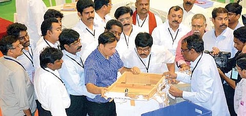 Collector Pravin Kumar inspects the counting of votes of MLC elections that began at Swarna Bharathi Indoor  Stadium in Visakhapatnam on Monday morning | Express
