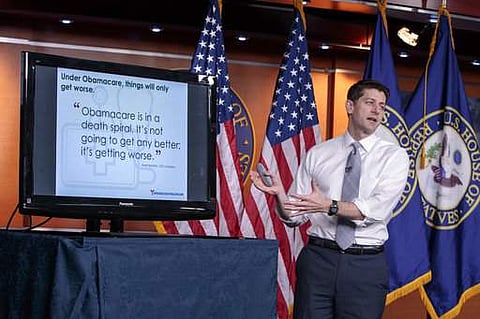House Speaker Paul Ryan uses charts and graphs to make his case for the GOP's long-awaited plan to repeal and replace the Affordable Care Act during a news conference on Capitol Hill in Washington. (File photo | AP)