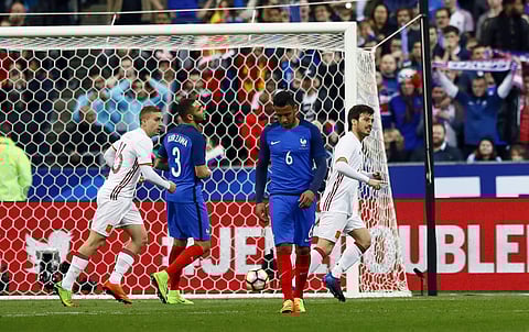 Spain's David Silva, right, celebrates scoring during the international friendly soccer match between France and Spain at the Stade de France, Paris, Tuesday, March 28, 2017. | AP