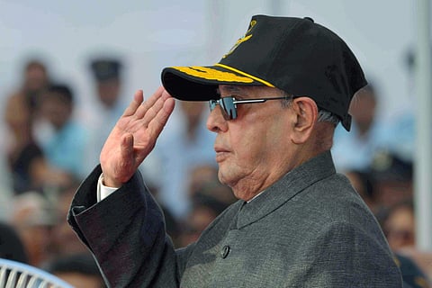 President Pranab Mukherjee during the presention of President's 'Standards' to the 125 Helicopter Squadron and 'Colours' to the Mechanical Training Institute at the Tambaram Air Force Station in Chennai on Friday. | PTI