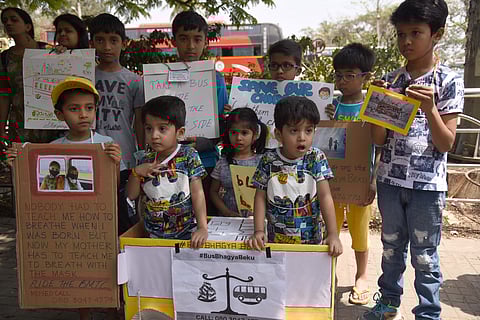 Children participate in the ‘Bus Bhagya Beku’ Campaign on Saturday. It aims to create awareness on the need for better public transport| nagaraja gadekal