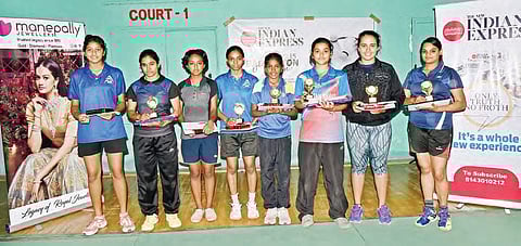 (left to right) Devyani Balwada, Pujitha Mohan, Alekhya, S Jhanvi, P Sonalim, Sri Vidya, Divya Sahithi, Tanvi, winners of the  New Indian Express Women’s Singles Badminton Championship pose with their trophies at GHMC Grounds in Ameerpet in Hyderabad on S