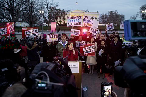 People gather for a protest against President Donald Trump's new travel ban order in Lafayette Park outside the White House, Monday, March 6, 2017 (Photo | AP)