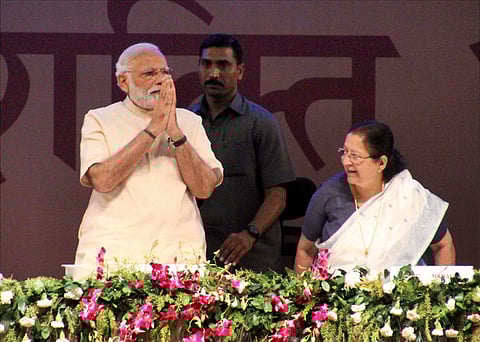 Prime Minister Modi at the Swachh Shakti woman sarpanchs meet in Gandhinagar. (PTI)