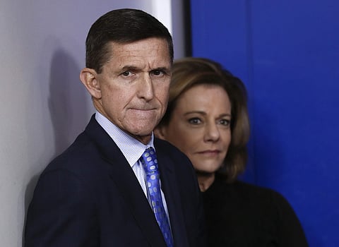 This Feb. 1, 2017, file photo shows then National Security Adviser Michael Flynn, joined by K.T. McFarland, deputy national security adviser, during the daily news briefing at the White House, in Washington. | AP